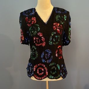Stunning Black Sequined Top Size Small by Stenay